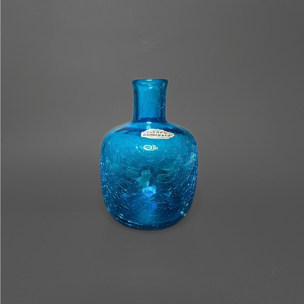 Vintage Blenko Blue Crackle Vase Hand Blown Small